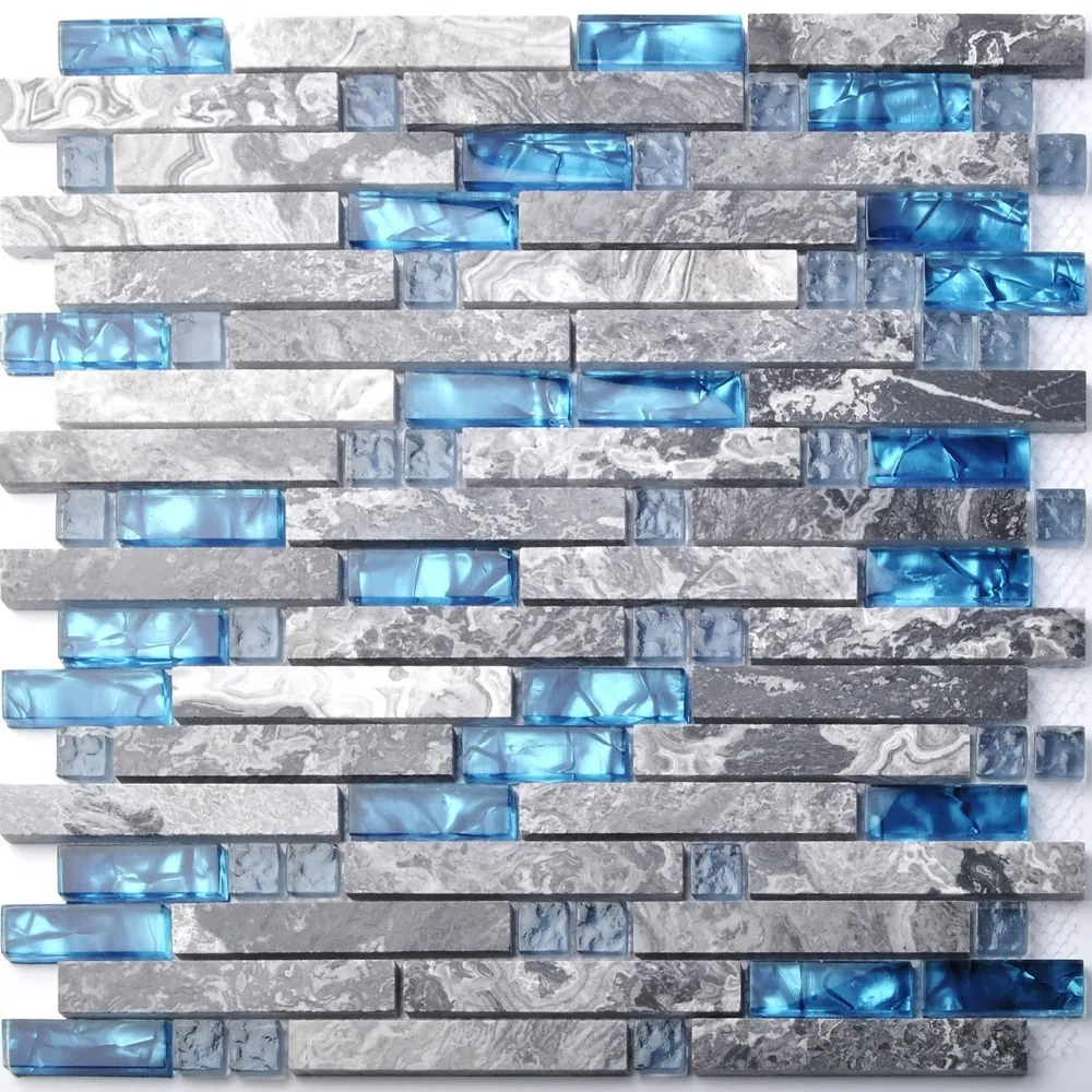 

Grey Marble stone Sea blue glass mosaic wall floor tile for kitchen backsplash bathroom interlock linear shower fireplace brick