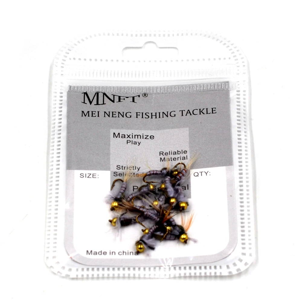 

MNFT 10Pcs Gold Bead Head Gray Larva Flies Fly hooks Trout Flies Fly Fishing Hook 12#