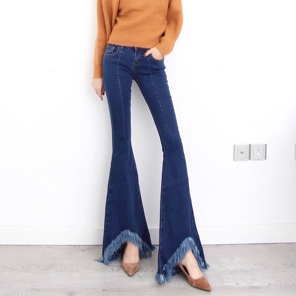 Free Shipping 2021 Fashion Long Jeans Pants For Women Flare Trousers Plus Size 24-32 Size Denim Summer And Autumn Tassels Jeans