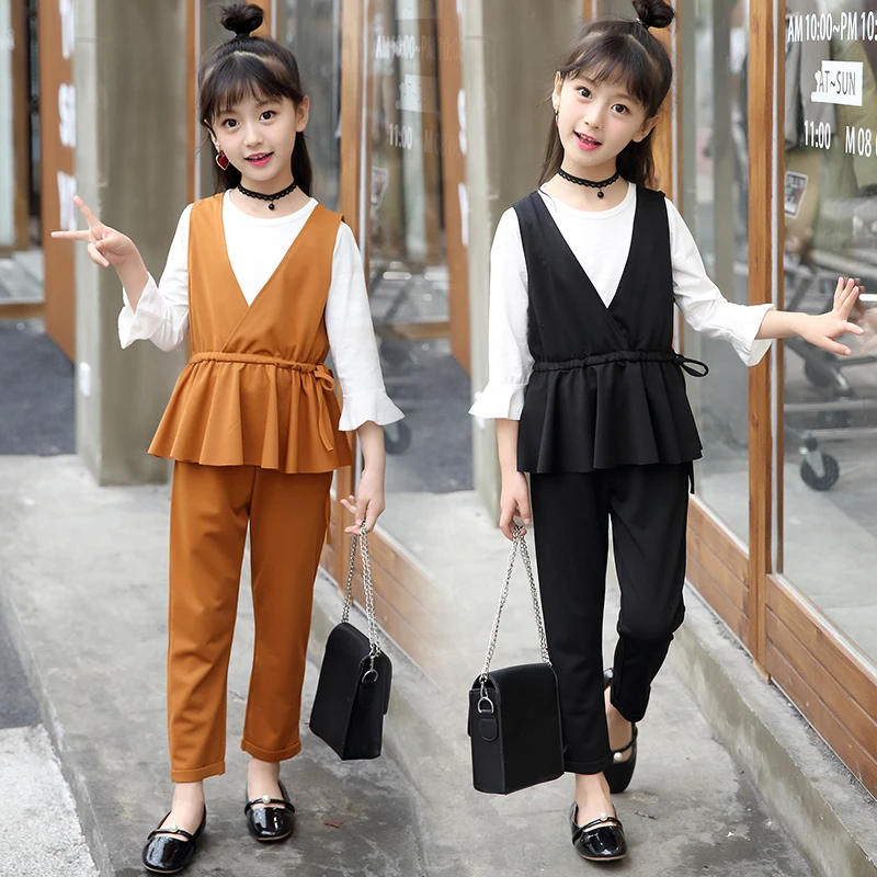 2019 Brand Girls Sport Clothes Set For Autumn Spring Vest+Long Sleeve+Pants 3 Pcs Kid School Perform | Детская одежда и обувь