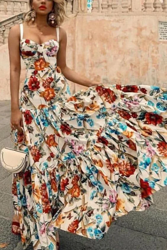 Летнее сексуальное длинное женское платье с цветочным принтом элегантное на