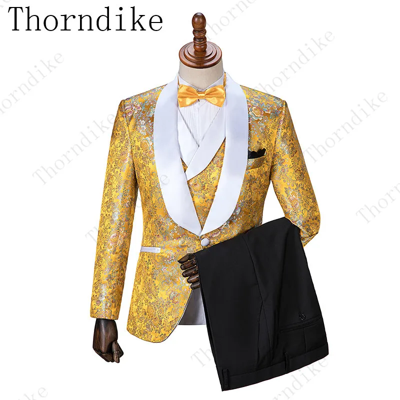 Yellow Jacquard Shine Men Formal Tuxedos Suits For Weddings Business Double-Breasted Shawl Lapel Best Groom Mens Custom Made | Мужская