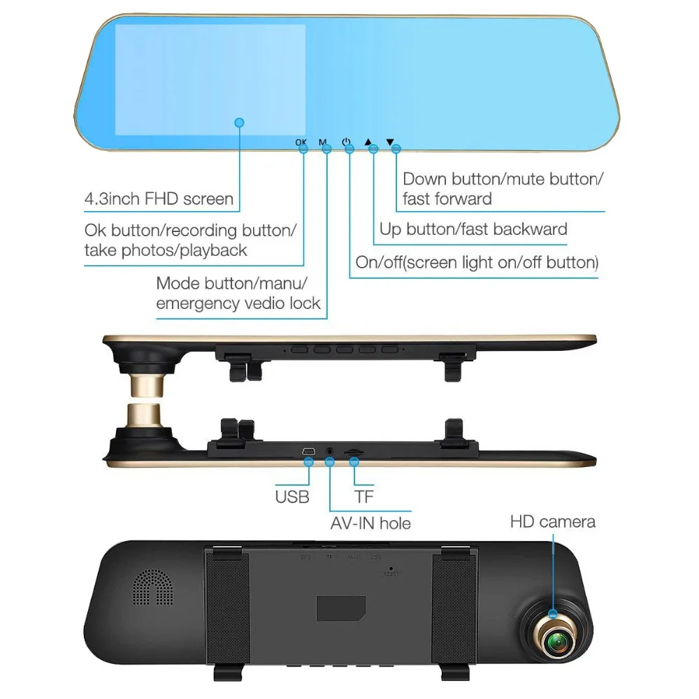 HGDO 4.3 дюймов Двойной объектив зеркало заднего вида с видеорегистратором и камера