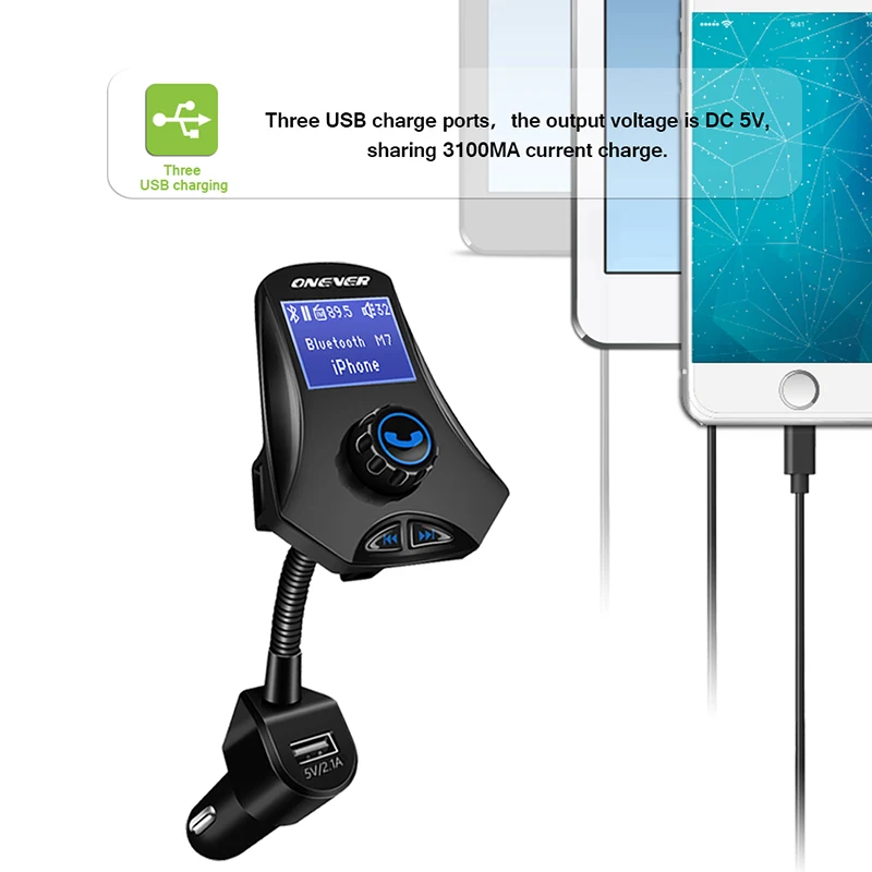 Onever вращающийся Bluetooth fm-передатчик автомобильный комплект 3.1A 3 USB Автомобильное