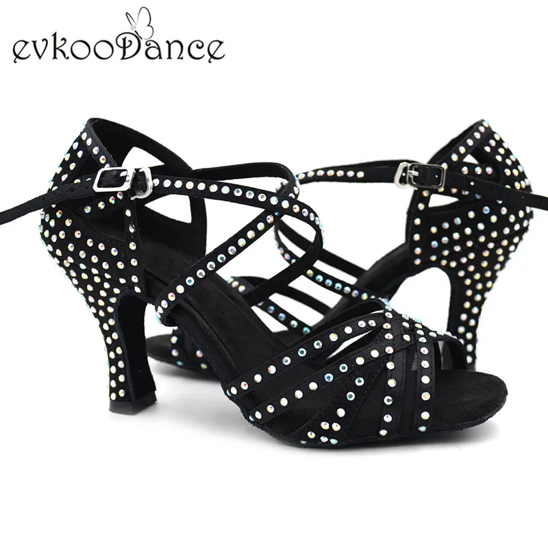 Размеры США 4-12 цвет черный со стразами атлас Сальса каблук высотой 7 см удобная