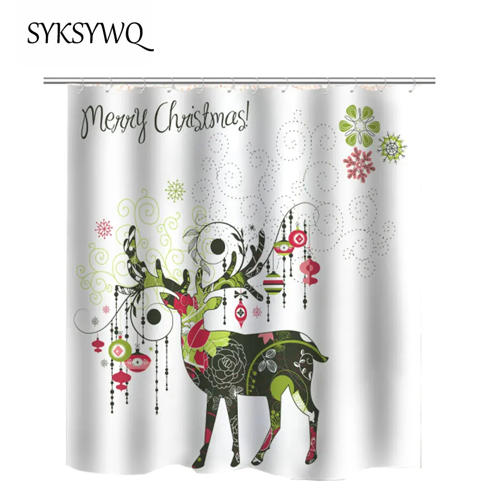 

Christmas Deer Curtains For Bathroom Shower Pine Cone Tree Stream Bathroom Curtain Maple Leaf Water Rideau De Douche Elk Bath