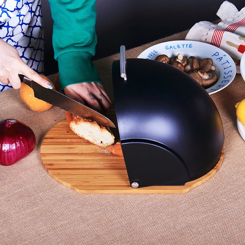 

2 in 1 Bread Box Keeper Storage Compact Rolltop Bread Bin with Bamboo Cutting Base Board Roll Top