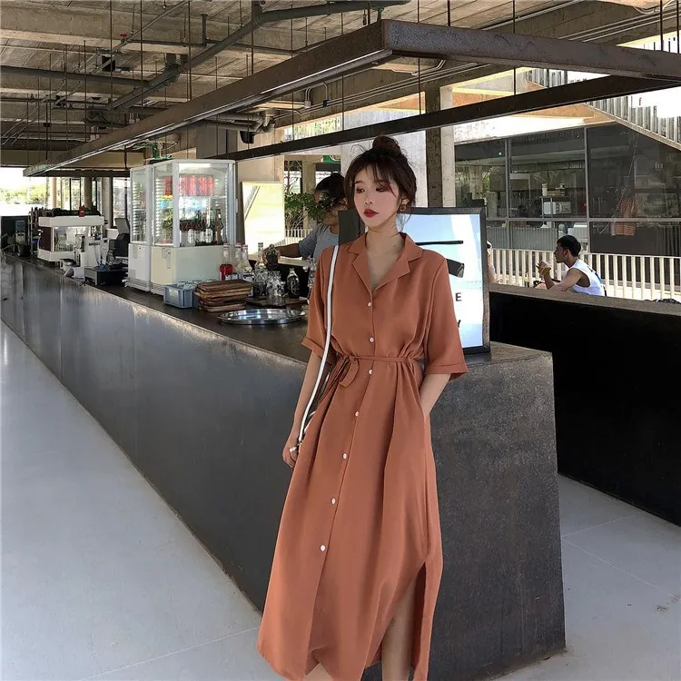 Платье рубашка с отложным воротником женское повседневное Пляжное а силуэта