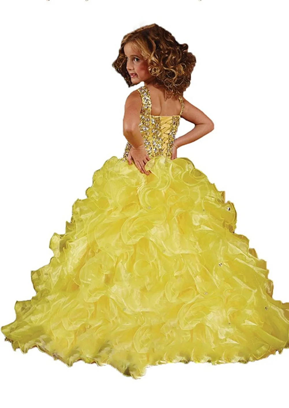 Горячие Продажи Новейших Желтый Бальное платье Из Органзы Цветок Девочки Платья