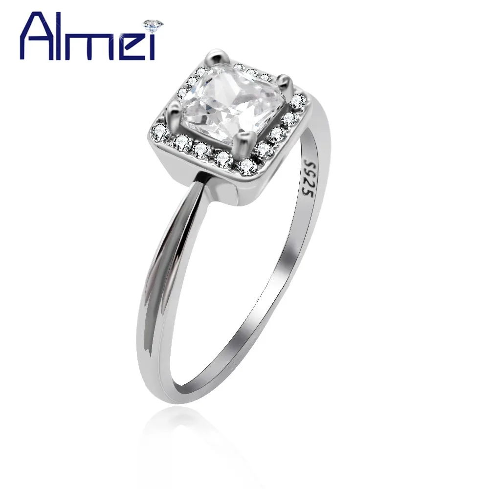 Almei 2 ряда серебряных 925 колец для женщин Роскошная бижутерия большой квадрат CZ