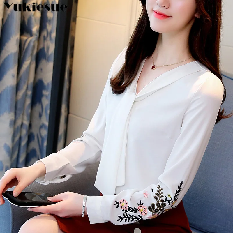 

fashion woman blouses 2019 Long sleeve embroidery chiffon women blouse shirt office lady shirt women tops blusas red plus size