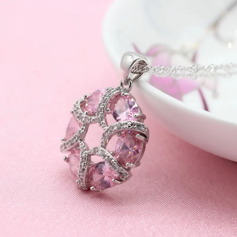 Round Pink Cubic Zirconia 925 Silver Jewelry Sets For Women Engagement Earrings Bracelet Pendant Necklace Ring WPAITKYS | Украшения и