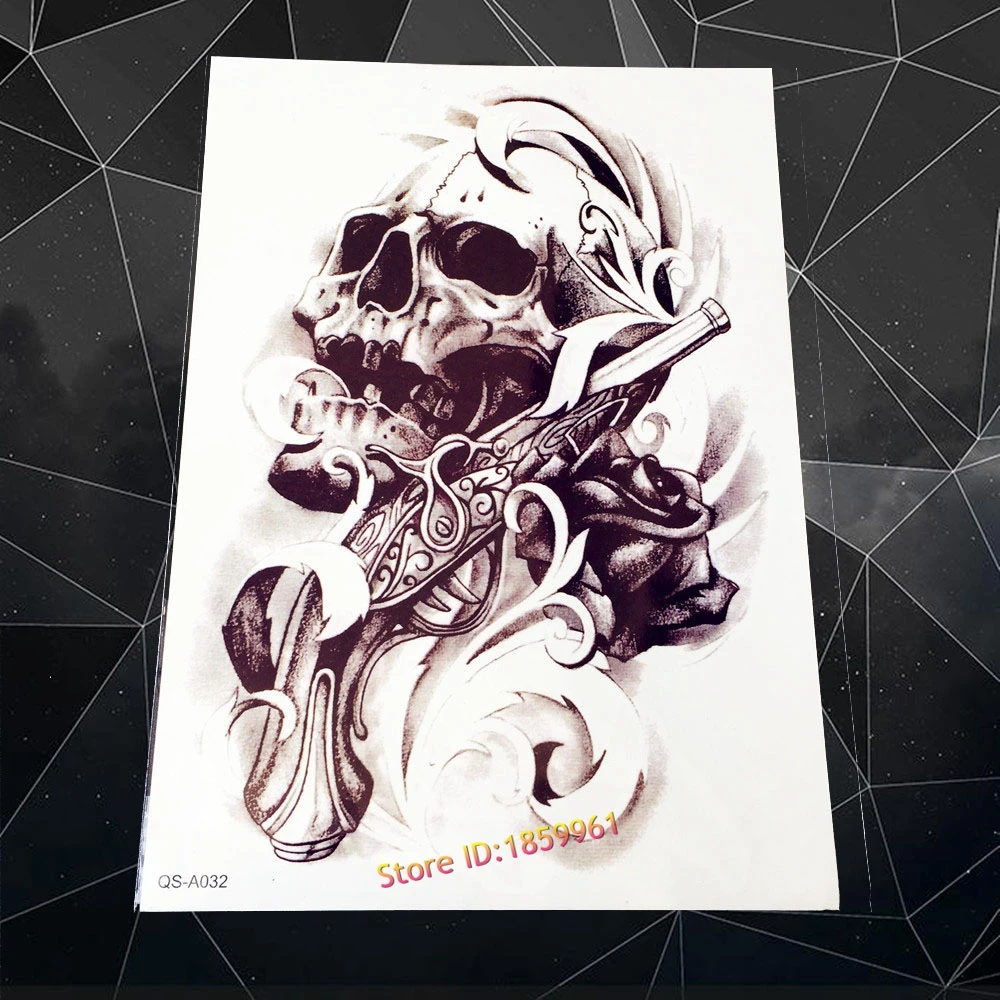 

New Large Punk Skull Zombie Gun Design Temporary Tattoo Sticker AQSA32 Arm Chest Decal Waterproof Fake Tattoo Body Leg Art Tatoo