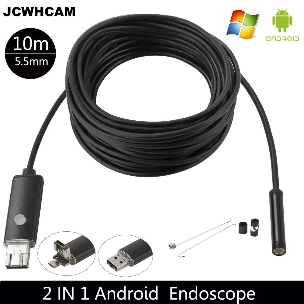 

JCWHCAM 6LEDs 5.5MM USB Endoscope Borescope Snake Inspection Pipe Tube Video MINI Camera IP67 Waterproof With 10M Flexible Cable