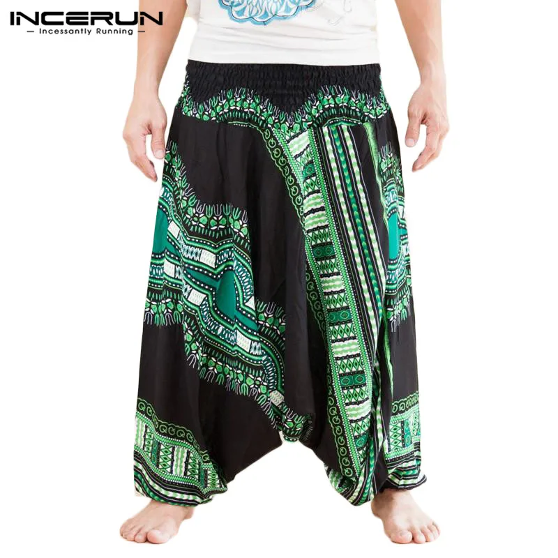 Green Pants INCERUN, шаровары с заниженным шаговым швом, мужские, этнический принт, свободные брюки для хип-хопа, широкие брюки,, Африканский стиль Дашики, мужские брюки, 5XL - Цвет: Green Pants