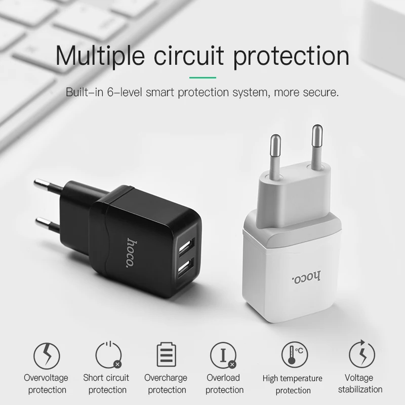 Универсальное настенное зарядное устройство HOCO 5V2.4A с двумя USB портами