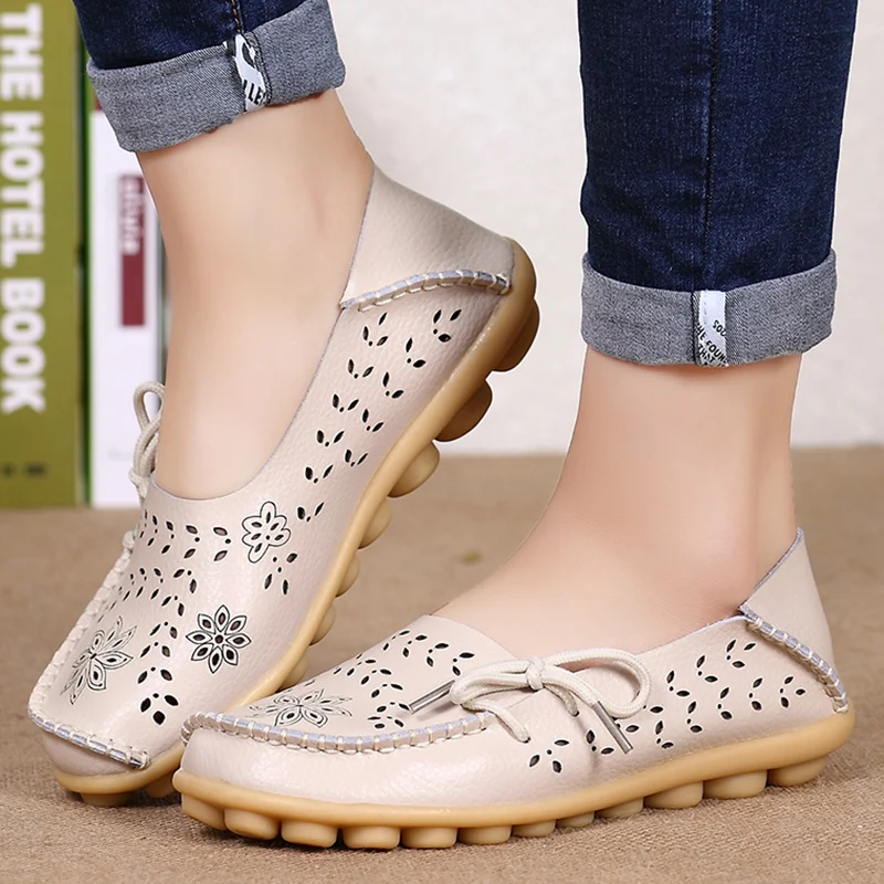 Фото Women Flat Soft Genuine Leather Shoes Woman Loafers Slip On Driver Mocassin Femme Breathable Summer Flats Women Leather Shoes №2