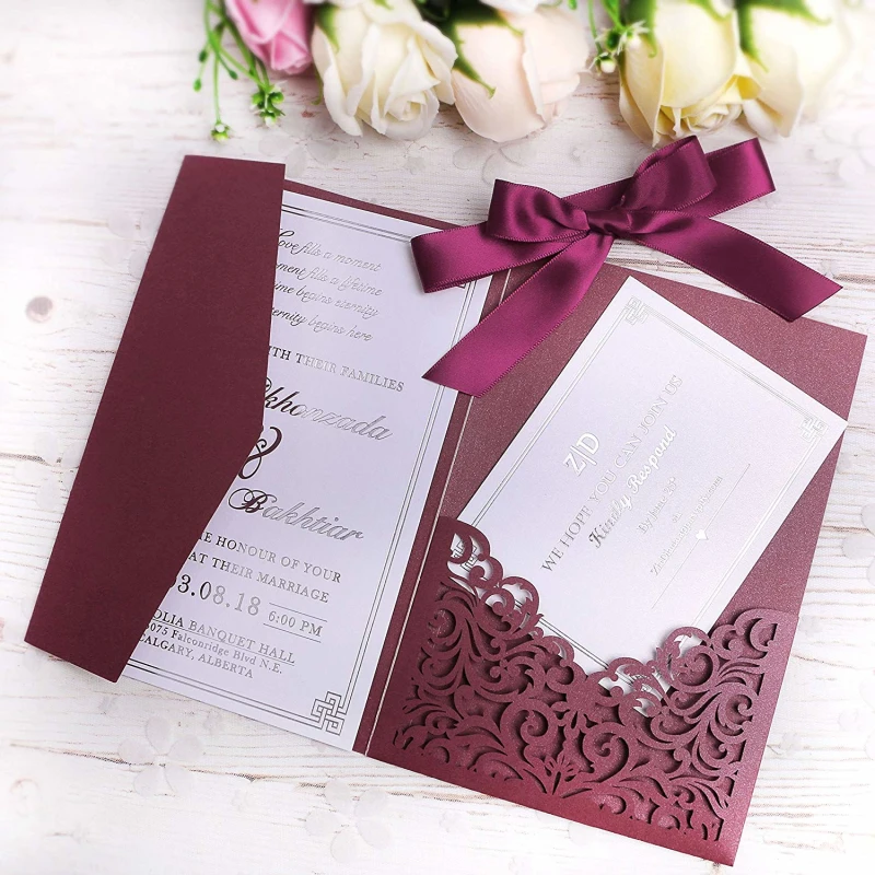 

PONATIA 20 PCS Laser Cut Invitations Card With Burgundy Ribbon For Wedding Bridal Shower Engagement Birthday (Burgundy)