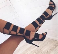 hot selling black cut out knee high gladiator sandals boots for women high heel buckle summer dress shoes woman designer pumps