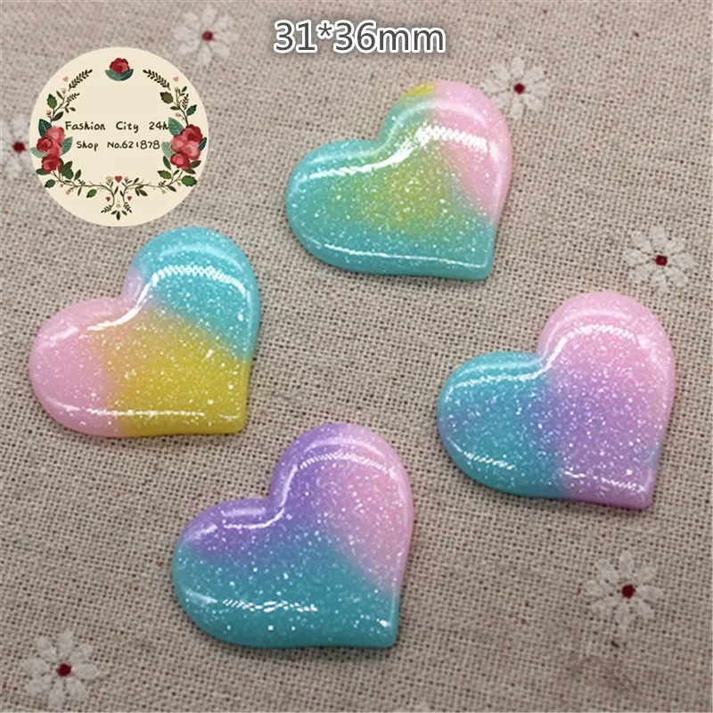 

Блестящие аксессуары для украшения дома, 31 х36 мм, 10 шт., трехцветные, в форме сердца, резиновые кабошоны из смолы