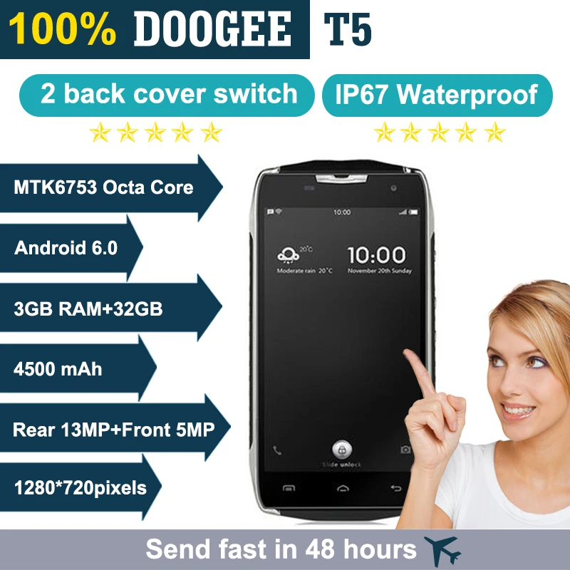 Doogee T5 Lite прочный смартфон IP67 Водонепроницаемый противоударный 5.0 &quotAndroid 6.0 4 ядра