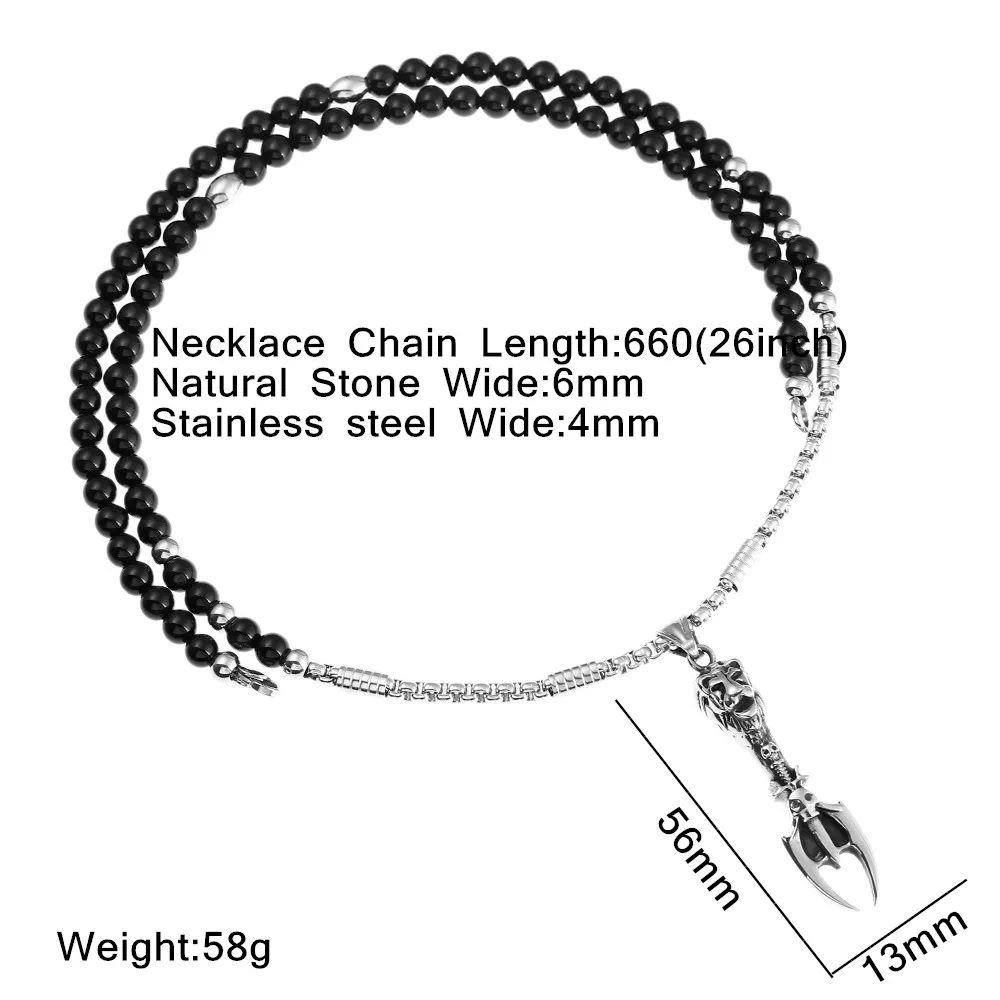 Stainless Steel Vintage Lion Head Satanism Pendant Necklace with Black Natural Stone Chain 26&quot | Украшения и аксессуары