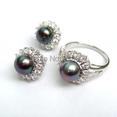 

LHX54015S>>>>beautiful black shell pearl crystal silver Plated earring ring jewelry set