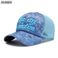 siloqin adjustable size mens breathable baseball caps snapback cap womens ponytail mesh cap three dimensional embroidery hat