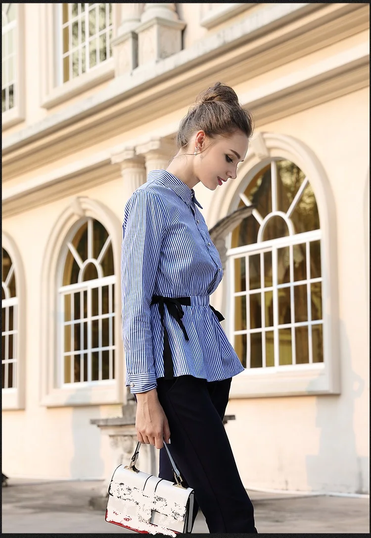2017Fashion women big size stripe shirt turn down collar pinched waist office ladies plus blousetopsXXXL XXXXL XXXXXL |