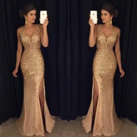 new luxury gold beaded mermaid prom evening dresses long plus size slit sleeveless v neck party gowns robe de soiree