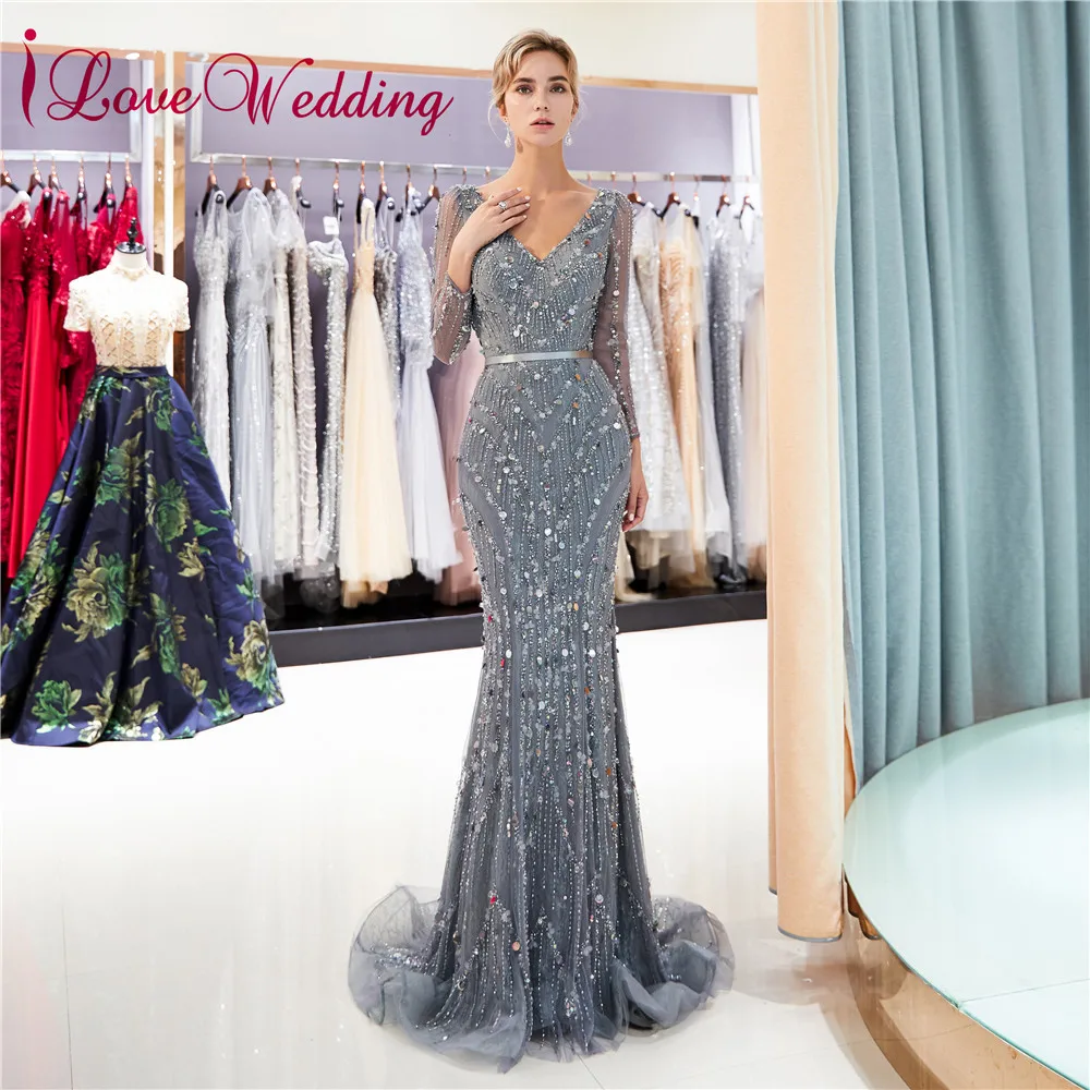 Серый вечернее платье одежда с длинным рукавом v-образным вырезом Vestido de fiesta