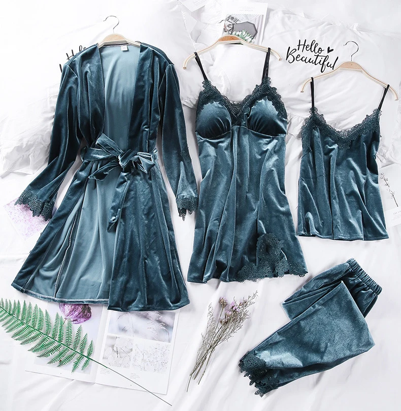 Jerrinut 4PCS Gold Velvet Pyjamas Set Women Nightdress Sleepwear Sexy Lace Pajamas Sleepwear Long Sleeve Nightgown Home Suit