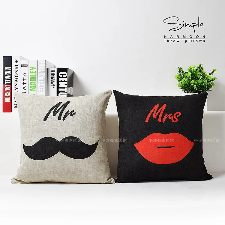 Наволочка для подушки Mr Mrs льняные усы губы поцелуй пара черные белые красные