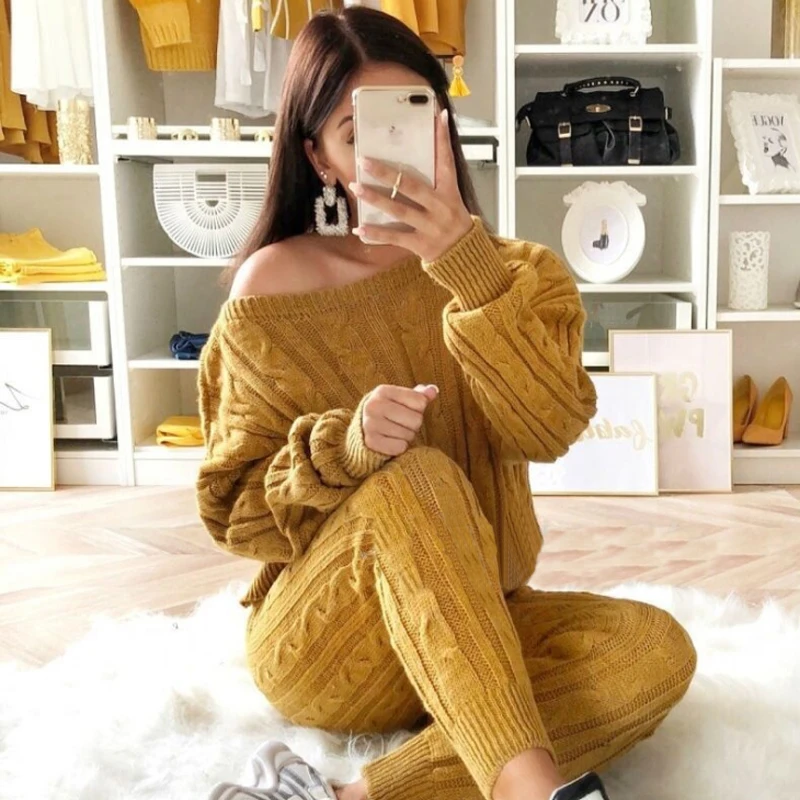 Twist Knitted 2 Piece Set Women Long Sleeve Pullover Sweater + Split Pants Sexy Lady Knitting trousers Suit | Женская одежда