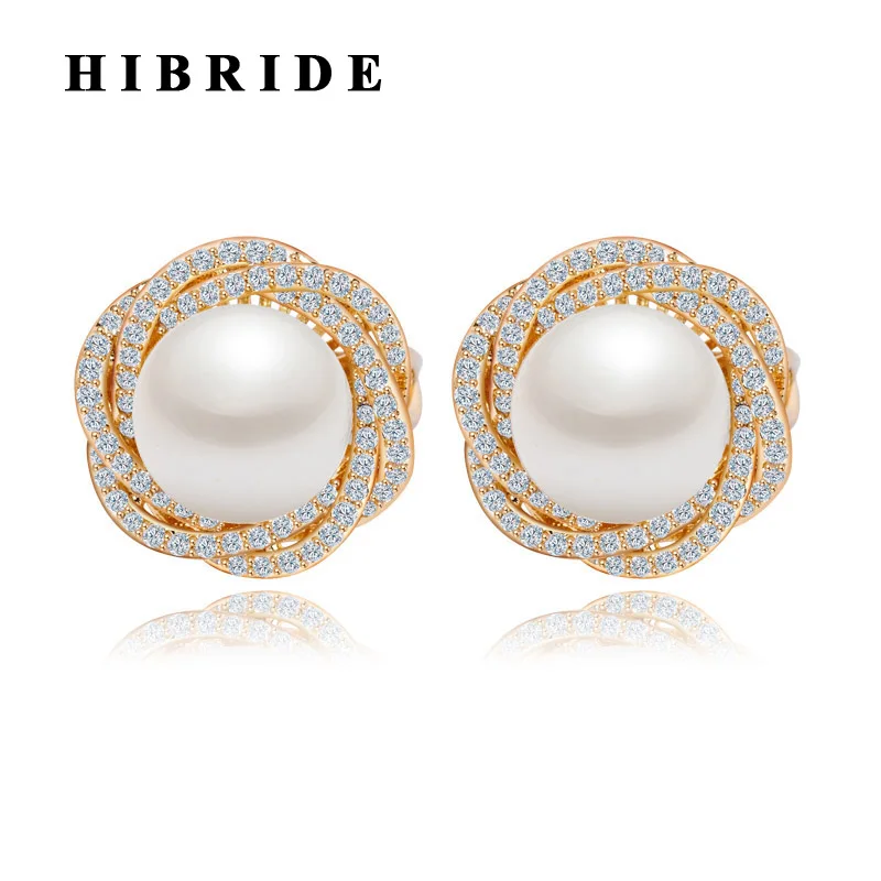 

HIBRIDE 17.5*17.5mm Freshwater Pearl Stud Earrings Ear Cuff Rose Gold Color Women Fashion Jewelry aretes de mujer E-376