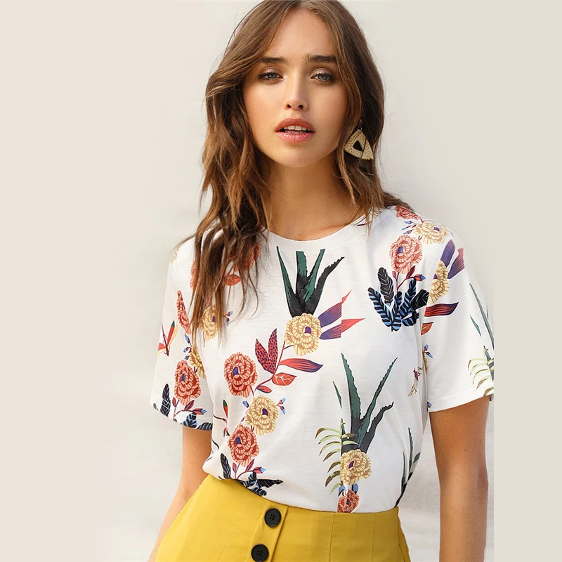 Dotfashion белая футболка с цветочным принтом и растениями для женщин летняя повседневная одежда с коротким рукавом модные топы уличная футболка