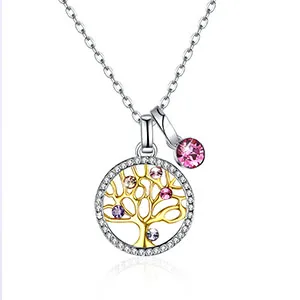 Silver Gold Настоящее 925 пробы Серебряное ожерелье с подвеской Древо жизни с розовым кристаллом от Swarovski для женщин, юбилейное ювелирное изделие, подарки - Цвет камня: Silver Gold