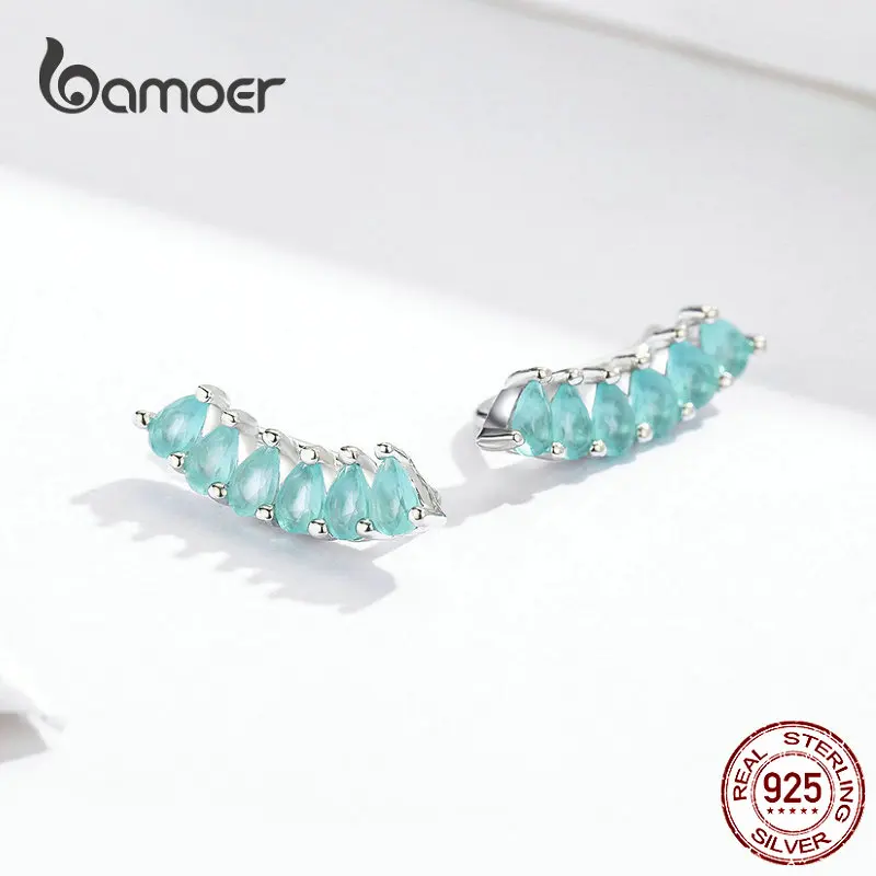 BAMOER, женские серьги-гвоздики с кристаллами, 925, серебряные, синие, с фианитом, длинные серьги, серебряные, эффектные, для свадьбы, хорошее ювелирное изделие SCE633