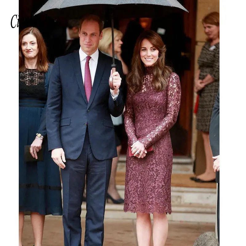 

Full Lace Mother Of The Bride Dresses Elegant Purple High Neck Wedding Guest Gowns With Sleeves 2020 Knee Length Mother's Dress