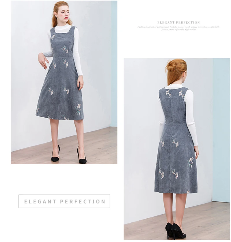 HELIAR Winter Sleeveless Embroidery Corduroy Dress Elegant Women Velvet Dress A-Line Dresses Pocket Grey Vintage Vestidos