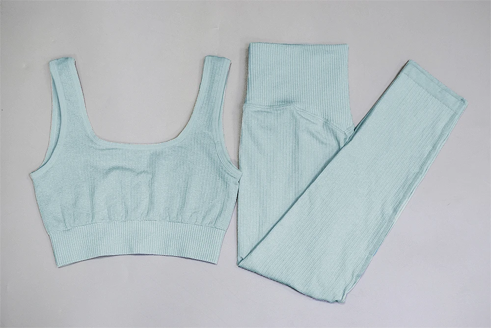 Candy Color Ribbed Tracksuit Women Seamless Knitted Two Pieces Set Backless Crop Top and Pants Matching Set Fitness Outfits