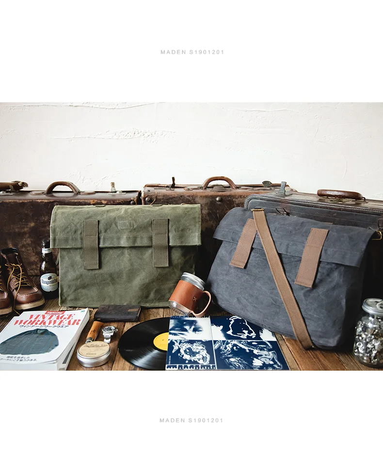 Maden Men’s Waxed Canvas Messenger Bag Crossbody Shoulder Bag Water Resistant Grey Green