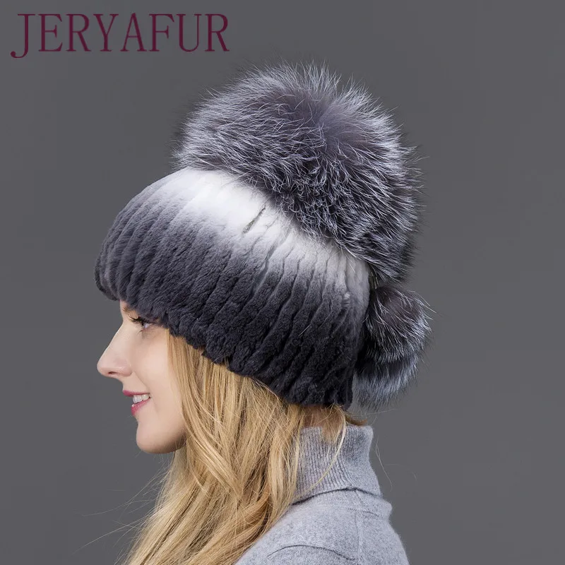 Горячая распродажа Мода Открытый Зимние теплые женские шапки Кролик Fur Вертикальная ткацкая шляпа с мехом Fox на вершине и мехом кролика Down