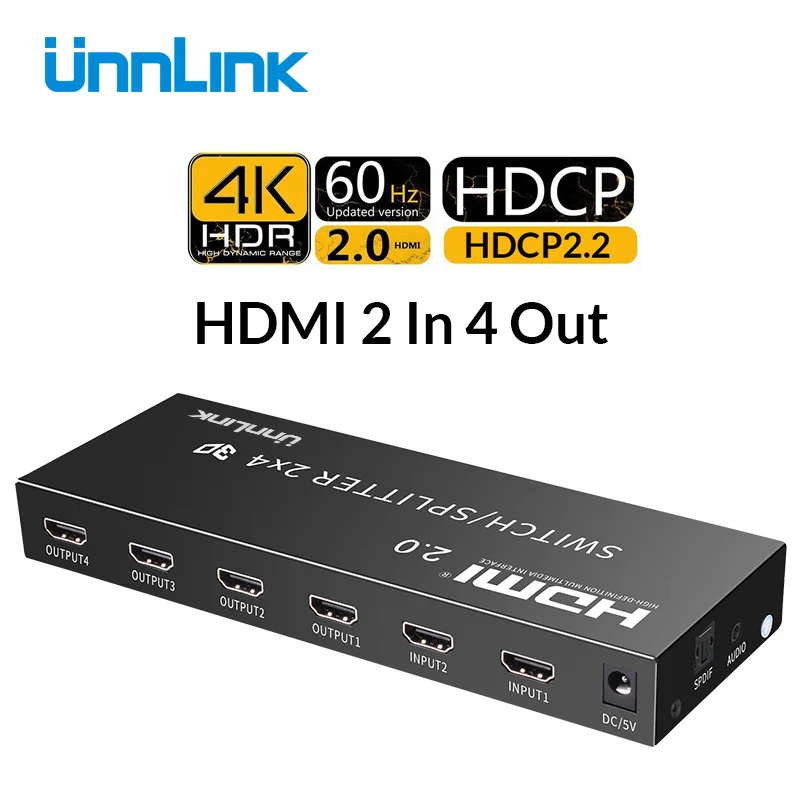 HDMI2.0 2X4 Unnlink HDMI 2,0 2 в 2/4 выход HDMI переключатель сплиттер 2x2/4 оптический 3,5 мм аудио HDCP2.2 4 k@ 60Hz HDR для ТВ проектора ps4 xbox - Цвет: HDMI2.0 2X4
