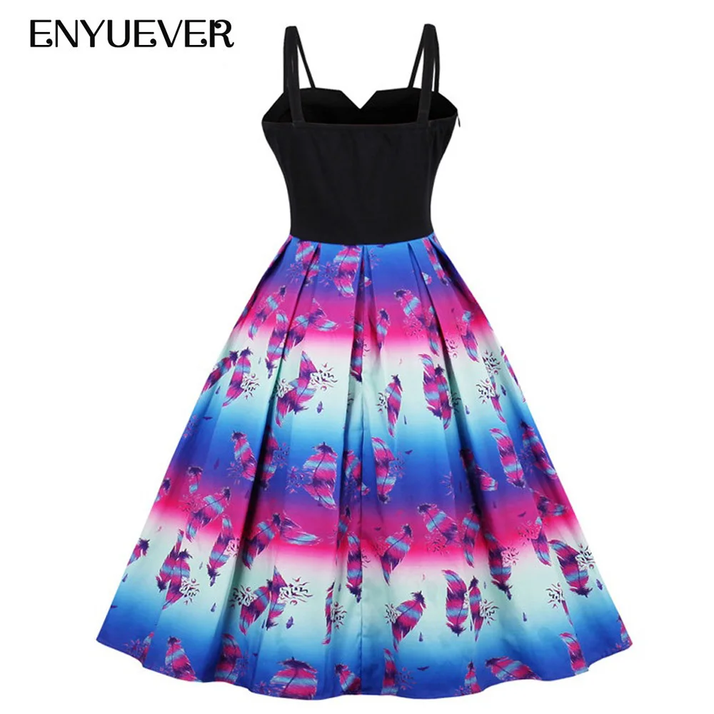 Enyuever Plus Size Vintage Dresses 50s 60s Summer Casual Spaghetti Strap Swing Patchwork Retro Pin Up Rockabilly Dress Vestidos | Женская