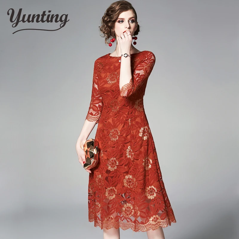 Women Casual Lace Dress New Brand 2021 Autumn Fashion England Style A-line Eleagnt Slim Ladies Party Dresses | Женская одежда