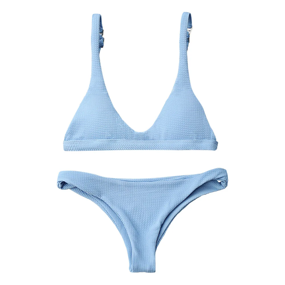 Light Blue ZAFUL бикини для женщин, новинка, с высоким вырезом, с глубоким декольте, комплект бикини, с низкой талией, без косточек, с глубоким вырезом, Одноцветный купальник, купальники, Biquni - Цвет: Light Blue