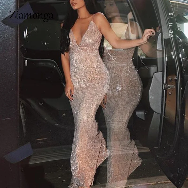 Ziamonga Summer Shiny Gold Sequined V Neck Maxi Dress Backless Maxi Dress Stretchy Backless Floor Length Formal Party Dress