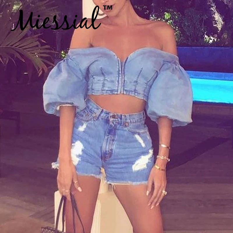 Miessial Denim off shoulder sexy crop top Lantern sleeve short tube tank women Zipper elastic party female streetwear |
