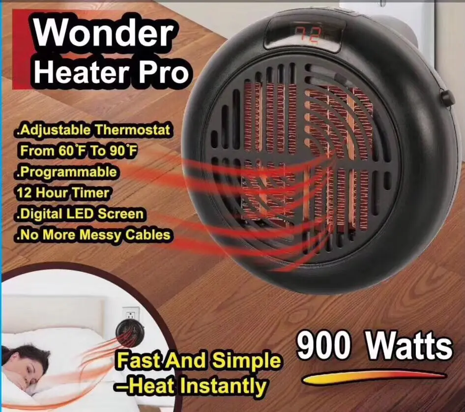 

900W Wonder Heater Pro Portable Handy Heater Wall-Outlet Digital Plugin Electric Heater Air Fan Warm Radiator Home Machine
